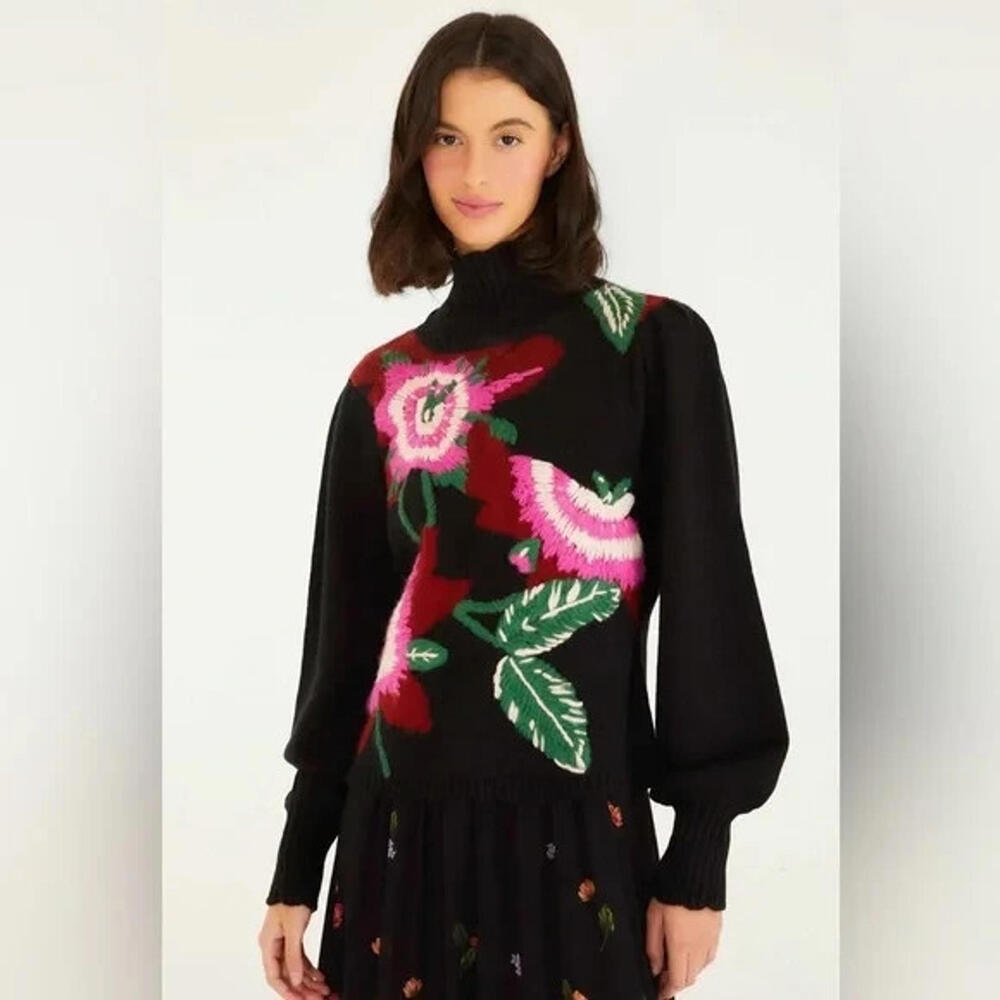 NEW, Farm Rio Colorful Flower Turtleneck Sweater in Black multi Sz XS #T3701 - Picture 3 of 12
